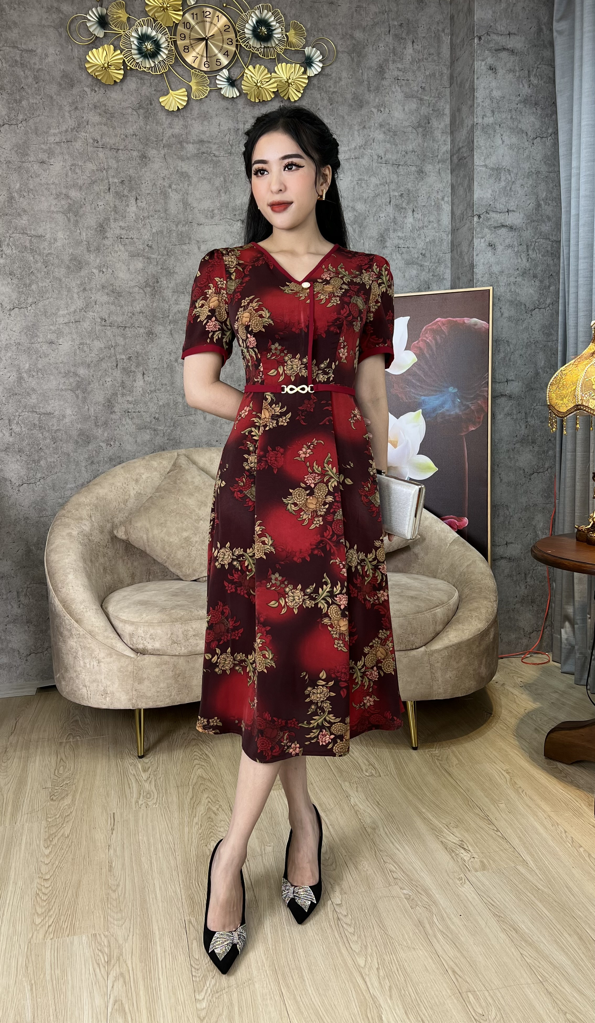 Đầm Trung Niên [ Linh Trà ] (TM 595) Cao Cấp Màu Sắc Trẻ Trung Tươi Sáng Họa Tiết Sang Trọng Đi Làm Đi Tiệc Cho Quý Bà