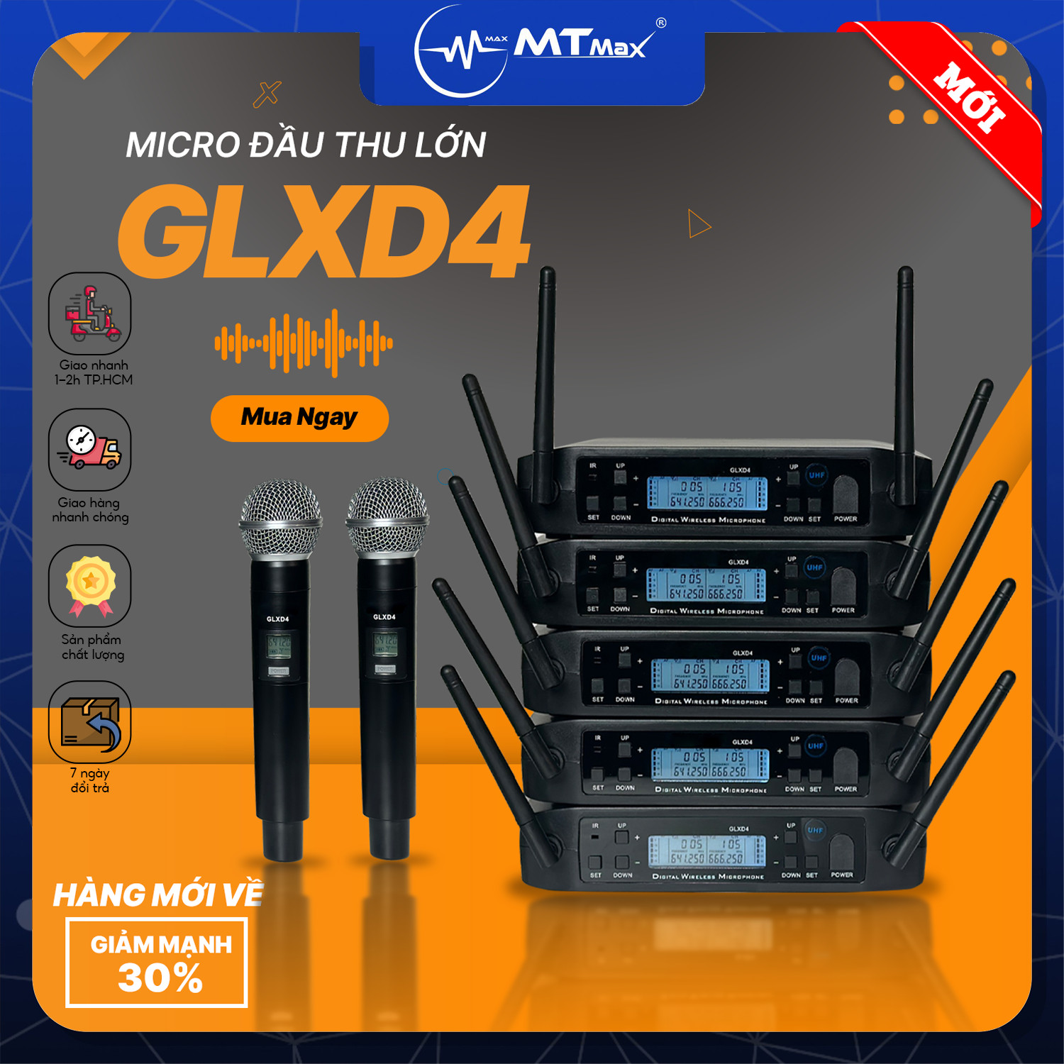 Micro Đầu Thu Lớn GLXD4 - Micro Karaoke Cao Cấp, Hút Âm Tốt, Bắt Sóng Xa Ổn Định, Chống Hú Tuyệt Đối, Điều Chỉnh Riêng Biệt Hàng Chính Hãng