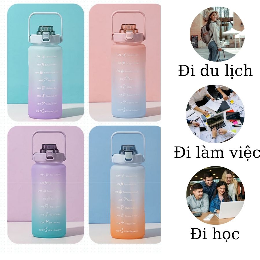 Bình Nước Nhựa 2 Lít Có Chia Vạch Có Ống Hút Nắp Đậy Dễ Thương, Bình Nước Thể Thao