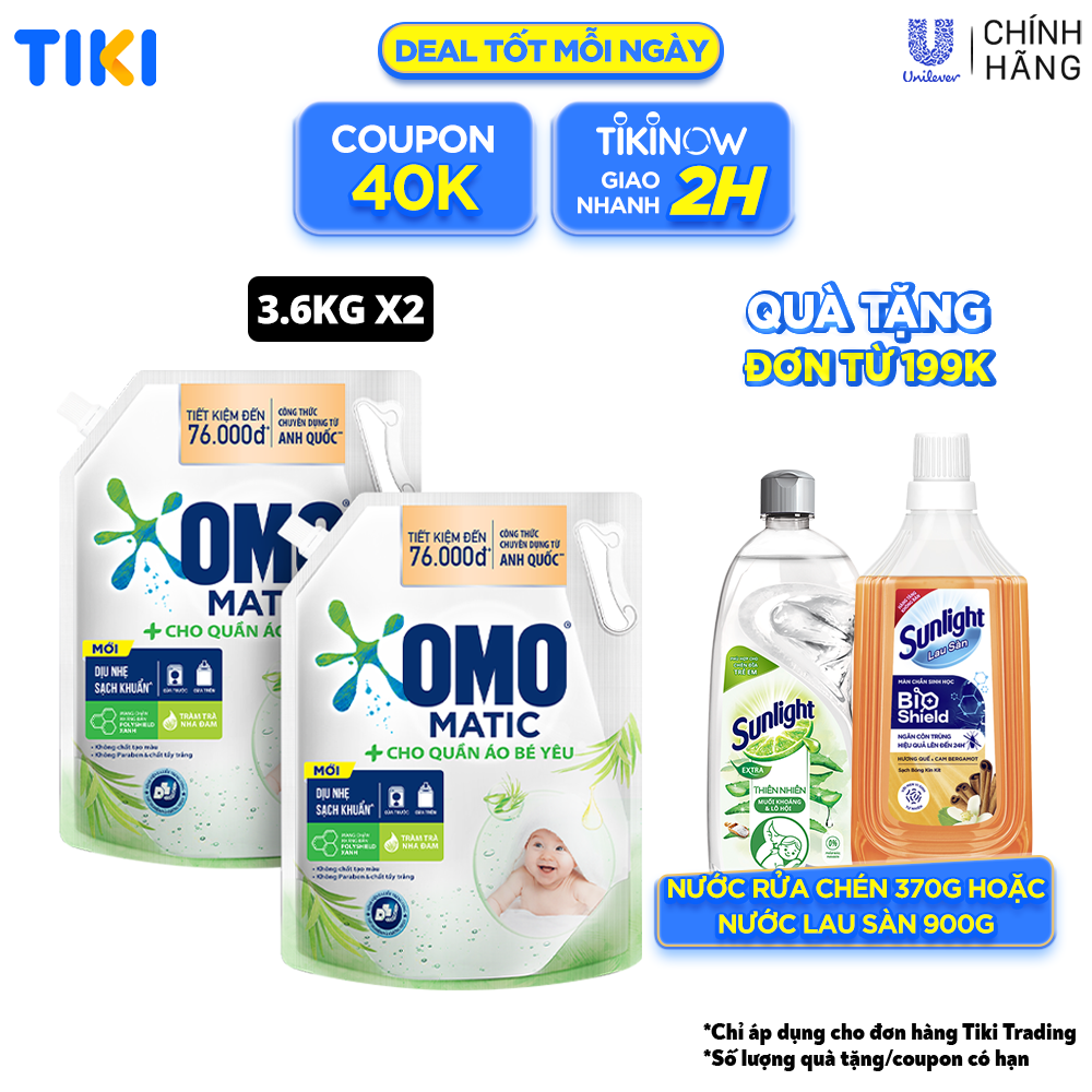 Combo 2 TúI Nước Giặt Omo Matic Cho Quần Áo Bé Yêu Chiết Xuất Tràm Trà Và Nha Đam Dịu Nhẹ, Sạsh Khuẩn , túi 3.6Kg