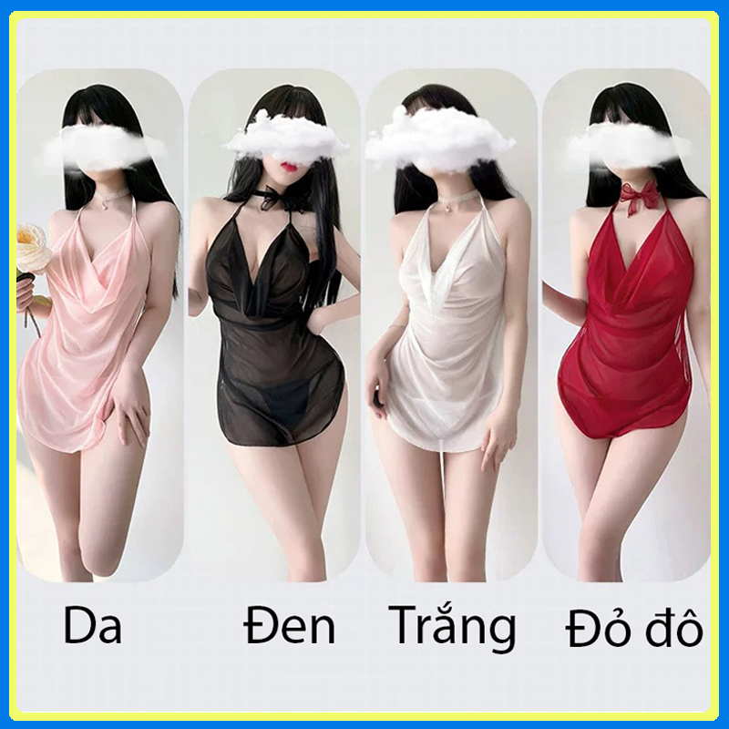 Váy ngủ yếm cổ đổ xuyên thấu sexy Q423 - váy ngủ nữ cao cấp - Đầm ngủ nữ quyến rũ gợi cảm - Đồ ngủ mạc nhà