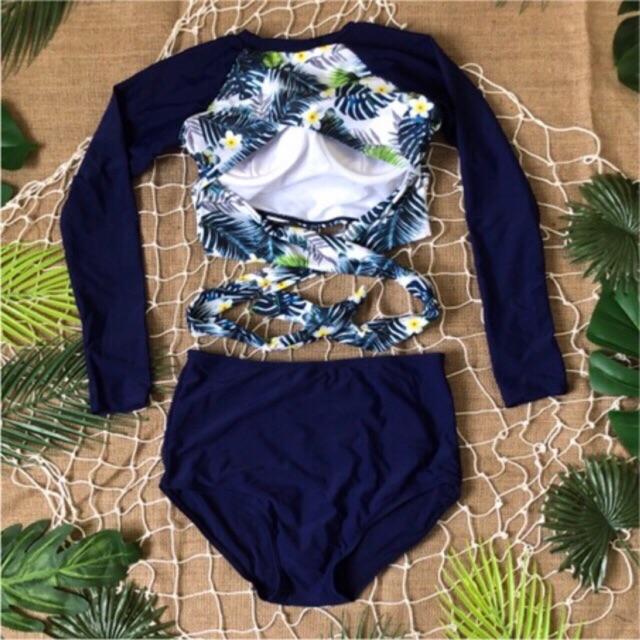 Bikini /đồ bơi tay dài hoa lá quần cạp cao