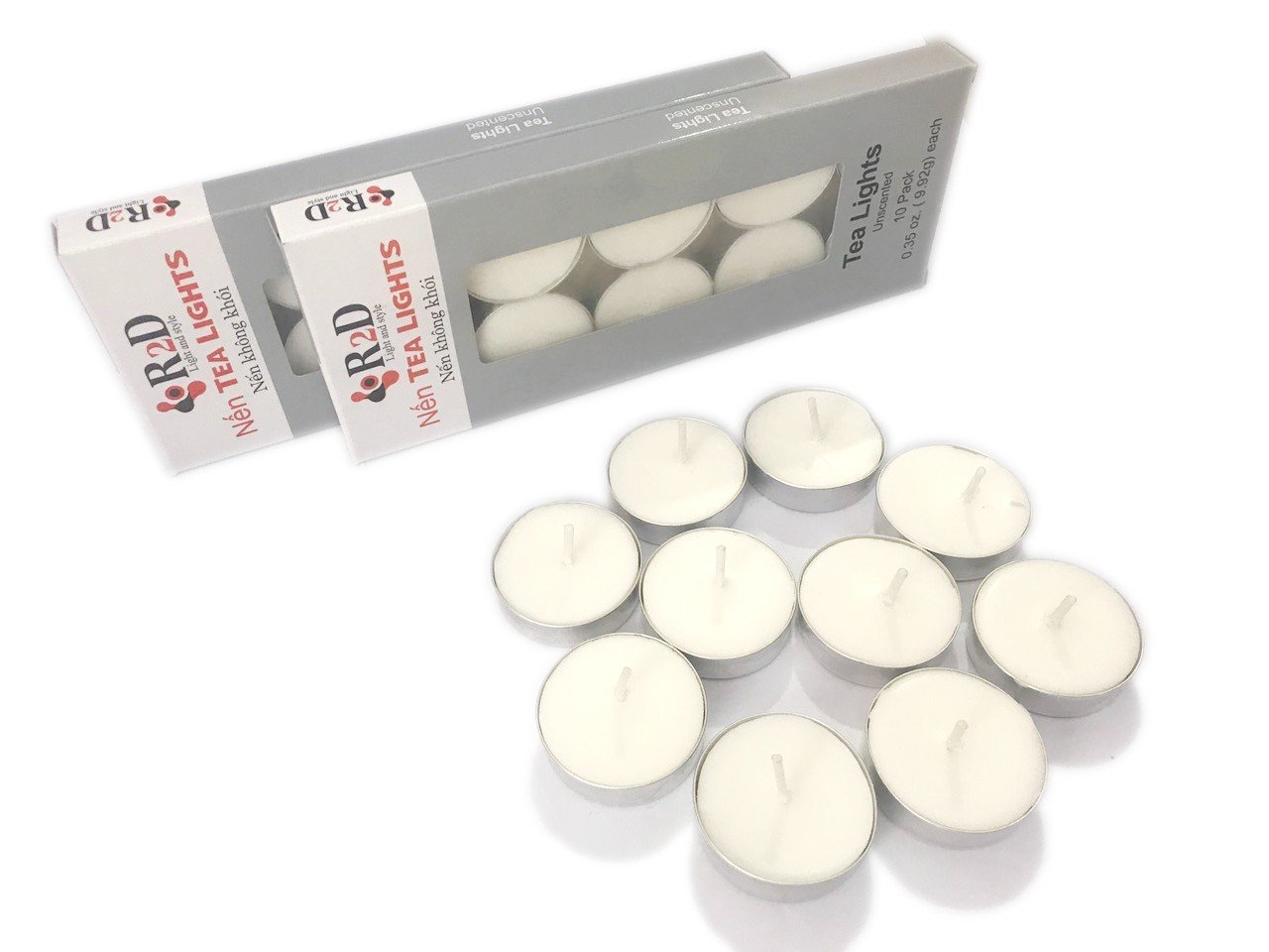 COMBO 10 HỘP NẾN TEALIGHT - TRẮNG - ĐẾN TỪ THƯƠNG HIỆU R2D, LÀM TỪ SÁP CỌ, DẦU DỪA, TINH DẦU, THÀNH PHẦN TỰ NHIÊN, LÀNH TÍNH.