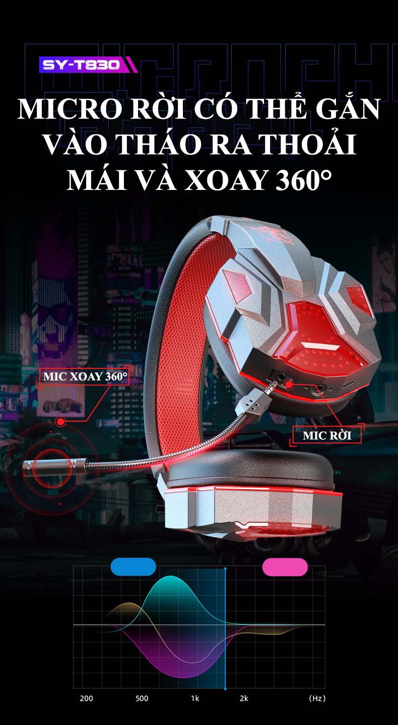 Tai nghe gaming SY-T830 kết nối bằng Bluetooth và cổng AUX 3.5mm có đèn led và âm thanh sống động phù hợp cho game thủ