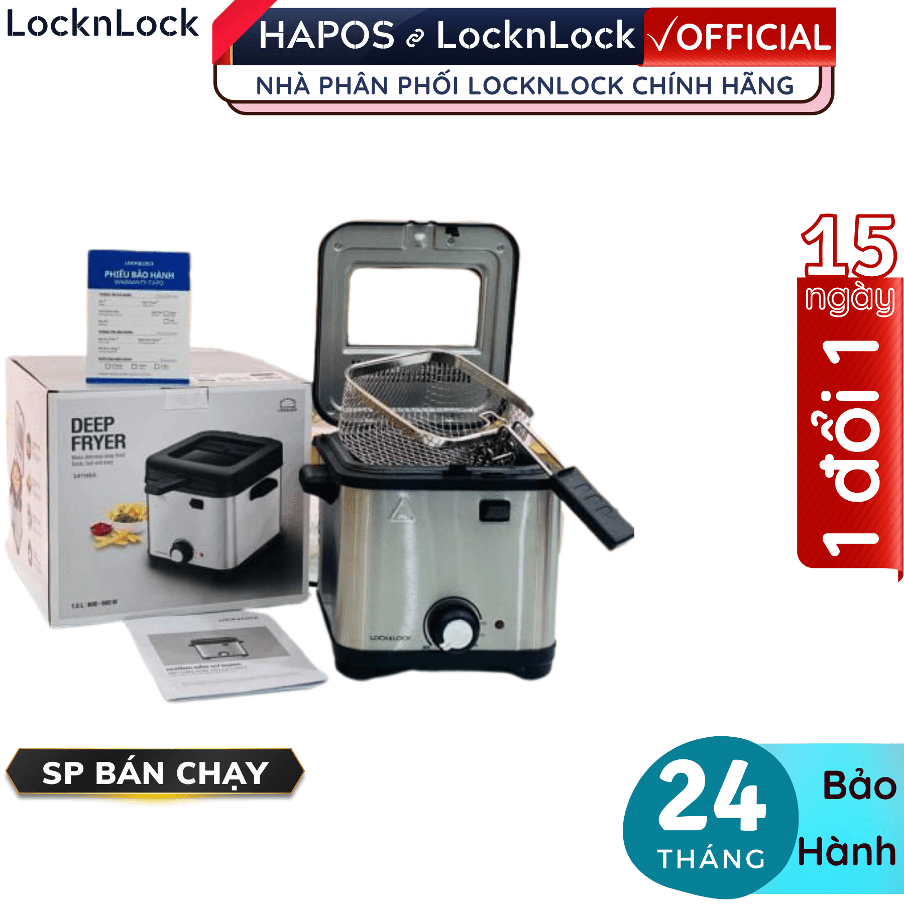 Nồi chiên ngập dầu Lock&amp;Lock EJF716SLV 1.5 lít có nắp kính ngăn dầu bắn ra ngoài - Hàng chính hãng - Hapos