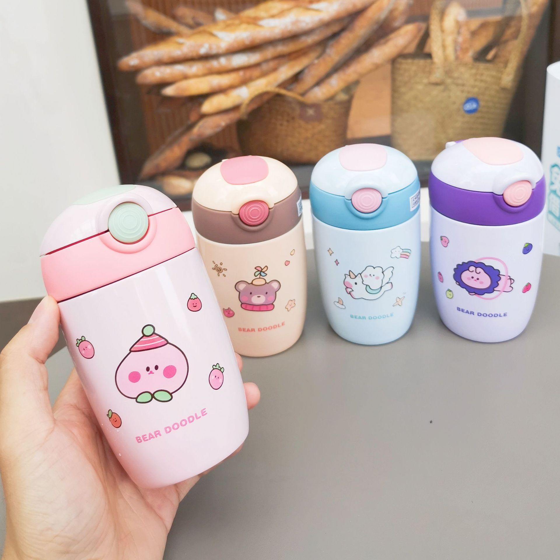 280Ml Hoạt Hình Inox Giữ Nhiệt Cốc Tập Uống Có Ống Hút Di Động Silicon Dây Trẻ Em Nhiệt Nước Con Tumbler Thermocup