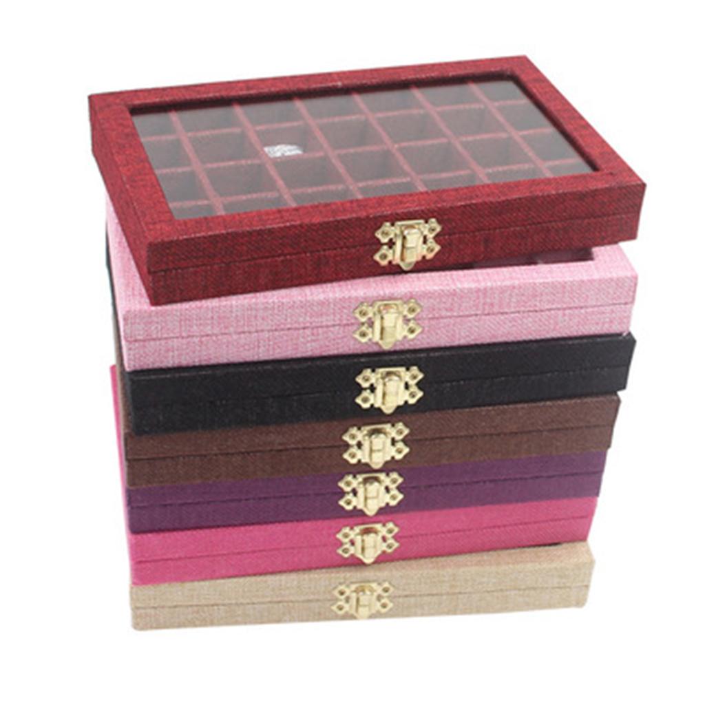 Sackcloth Linen Clear Lid Jewelry Tray Showcase Display Storage Box