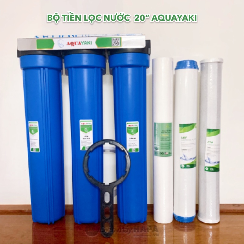 Bộ Tiền Lọc Bán Công Nghiệp AQUAYAKI 3 Cốc + Kèm Lõi 20 inch, Bộ Lọc Thô Cao Cấp 5 Micron, Nước Sạch Cho Sinh Hoạt Gia Đình, Lọc Đầu Nguồn Nước, Lọc Nước Hồ Cá... 20in AQUA YAKI, Không Dùng Điện, Lắp Đặt &amp; Thay Lõi Đơn Giản - Hàng Chính Hãng