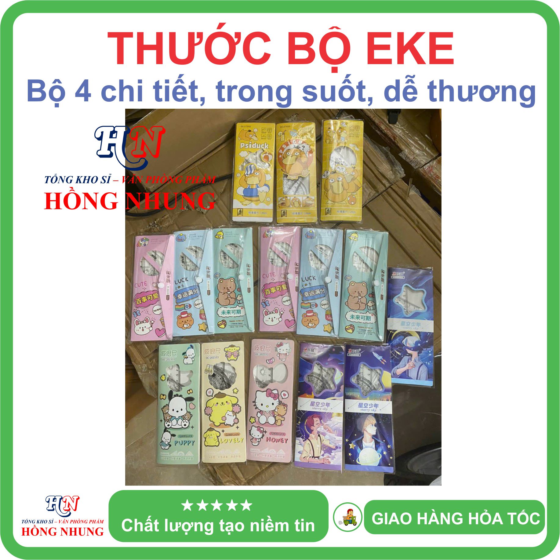 [SALE] Bộ Thước Eke 4 món dễ thương kèm túi, trong suốt, thích hợp cho học sinh để đo vẽ trường tròn, vẽ góc