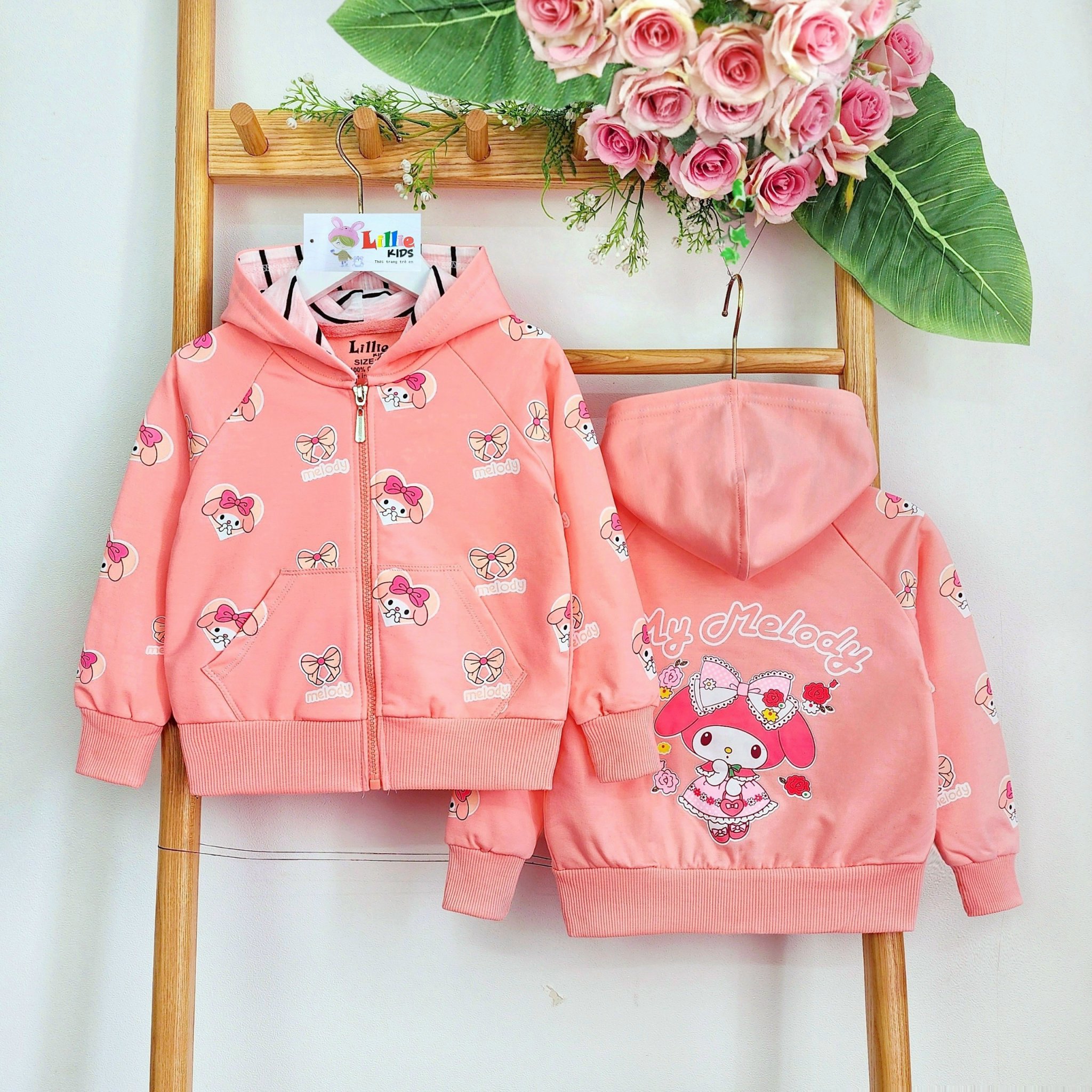 Áo khoác chống nắng có nón cho bé gái hình melody từ 12-40kg chất da cá mịn mát