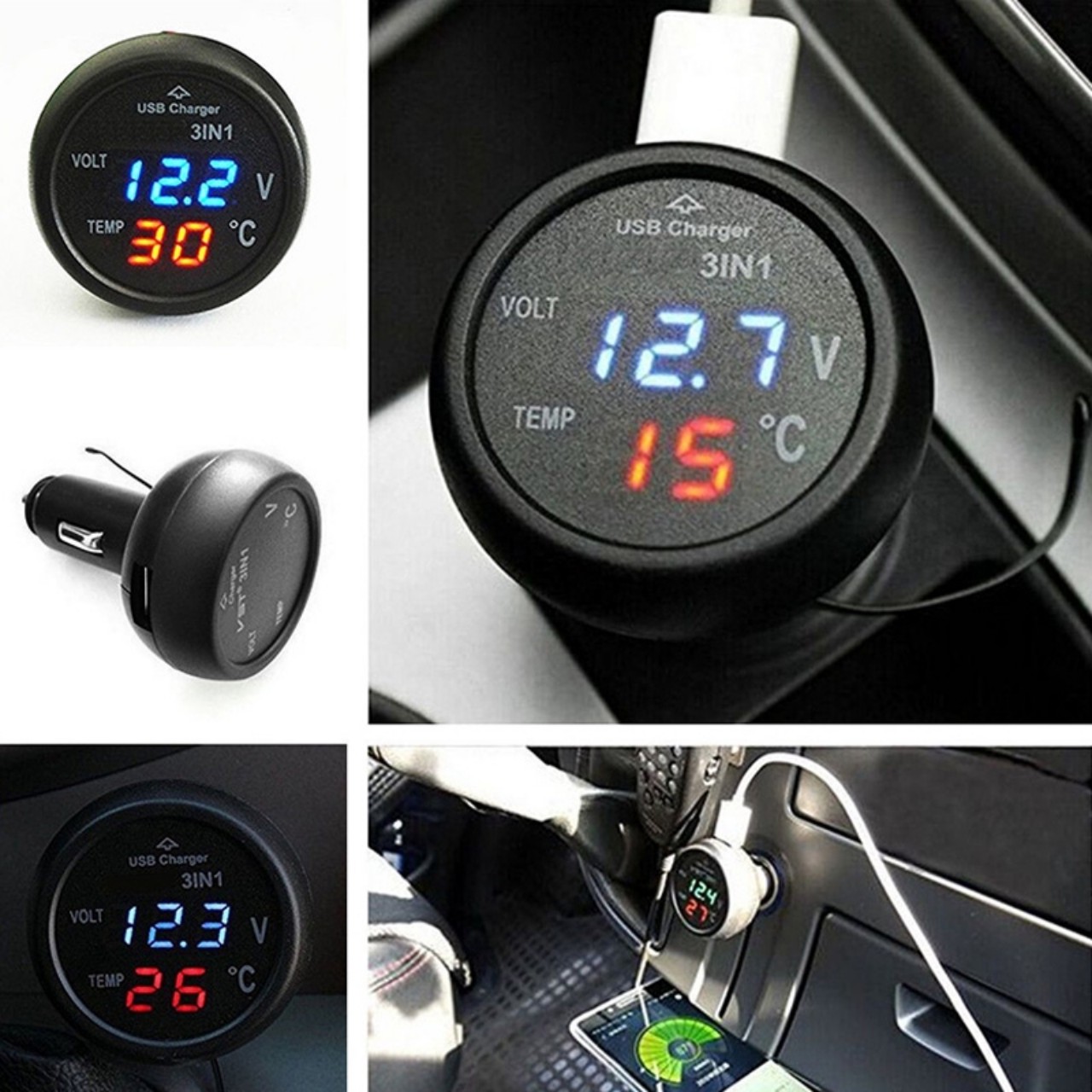 Tẩu sạc điện thoại ô tô 3in1 kèm đồng hồ đa năng báo nhiệt độ báo vôn ắc quy loại tốt mẫu mới