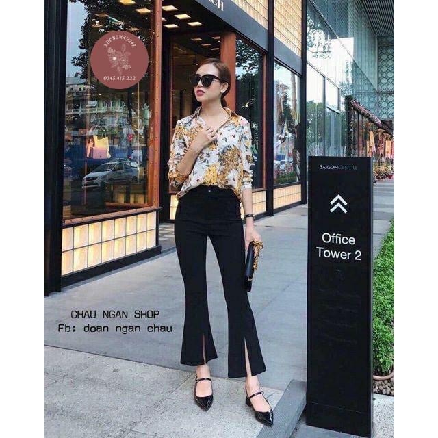 Quần Bò Giấy Ống Loe Xẻ Gấu Trước Cạp Cao Siêu Tôn Dáng