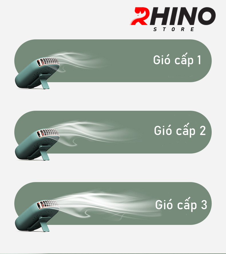 Quạt cầm tay mini siêu mát Rhino F301 tích điện với 3 mức độ gió, lưu lượng cao kèm dây treo - Hàng chính hãng
