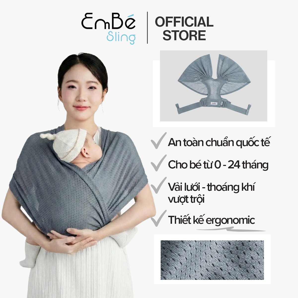 [Vải Lưới - Grey] Địu Vải Lưới EmBé Sling WindMesh Thoáng Khí An Toàn Cho Bé Sơ Sinh 0 - 24 Tháng