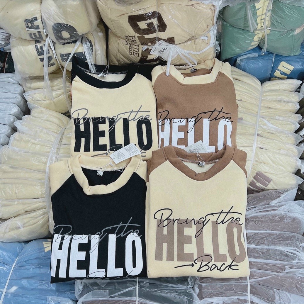 Áo Khoác Hoodie &amp; Sweater Nam Nữ Họa Tiết Chữ HELLO Chất Nỉ Ngoại Mềm Mịn Phong Cách Thời Trang Hàn, áo sweater phối tay ráp lăng chữ hello, Áo sweater nữ cổ tròn, áo hoodie nỉ form rộng phong cách ulzzang Hàn Quốc