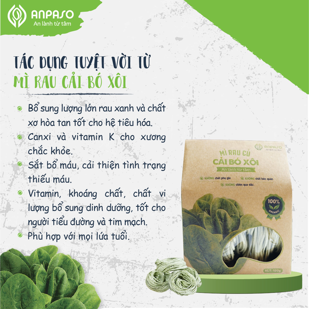 Mì Rau Eat Clean Cải Bó Xôi Hữu Cơ Organic Anpaso, Giảm Cân , ăn chay, không chiên nóng, tốt cho tiêu hóa 120g