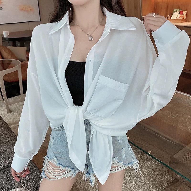 Áo Sơ Mi Nữ From Rộng CHIPY Chất Đũi Kiểu Công Sở Dài Tay Phồng 2 Túi Dáng Dài Hàn Quốc Vải Lụa Màu Trắng Cổ Đức Vintage