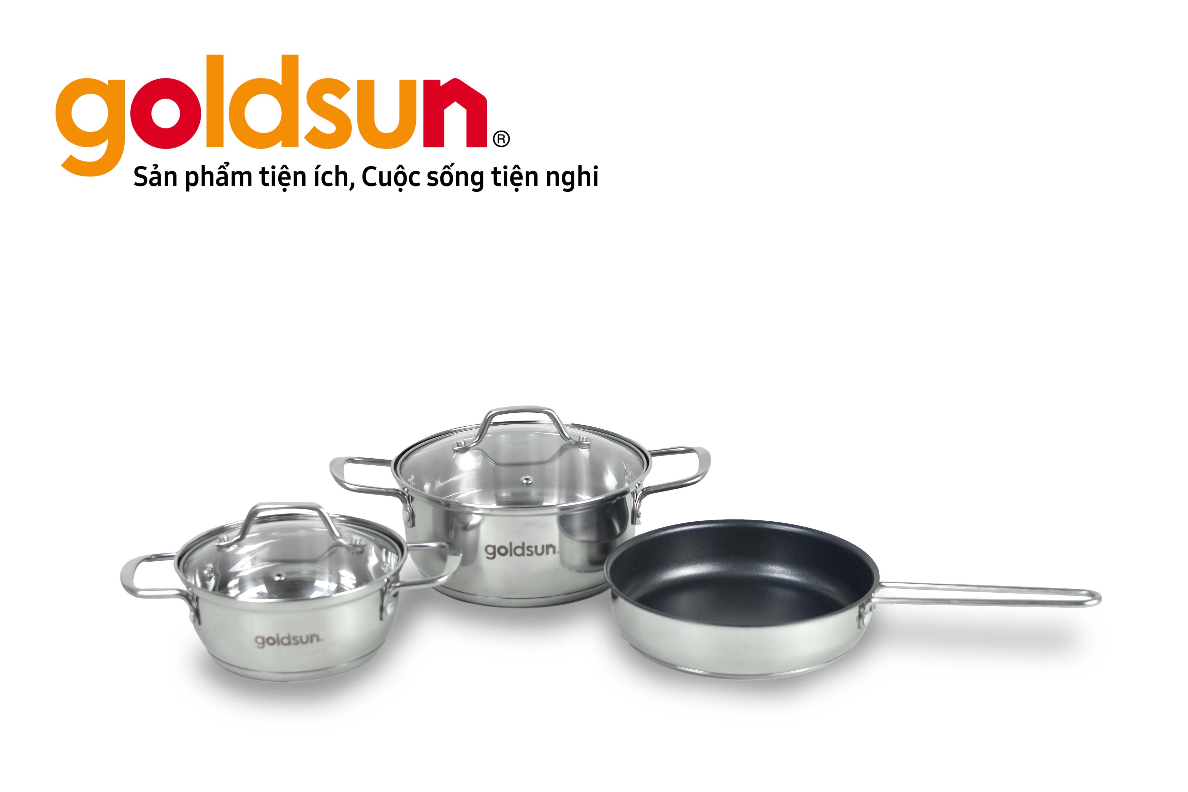 Bộ Nồi Chảo Inox 3 Đáy Goldsun GPS1790 Gồm 2 Nồi 1 Chảo Vung Kính Cường Lực Dùng Cho Mọi Loại Bếp - Hàng chính hãng Goldsun