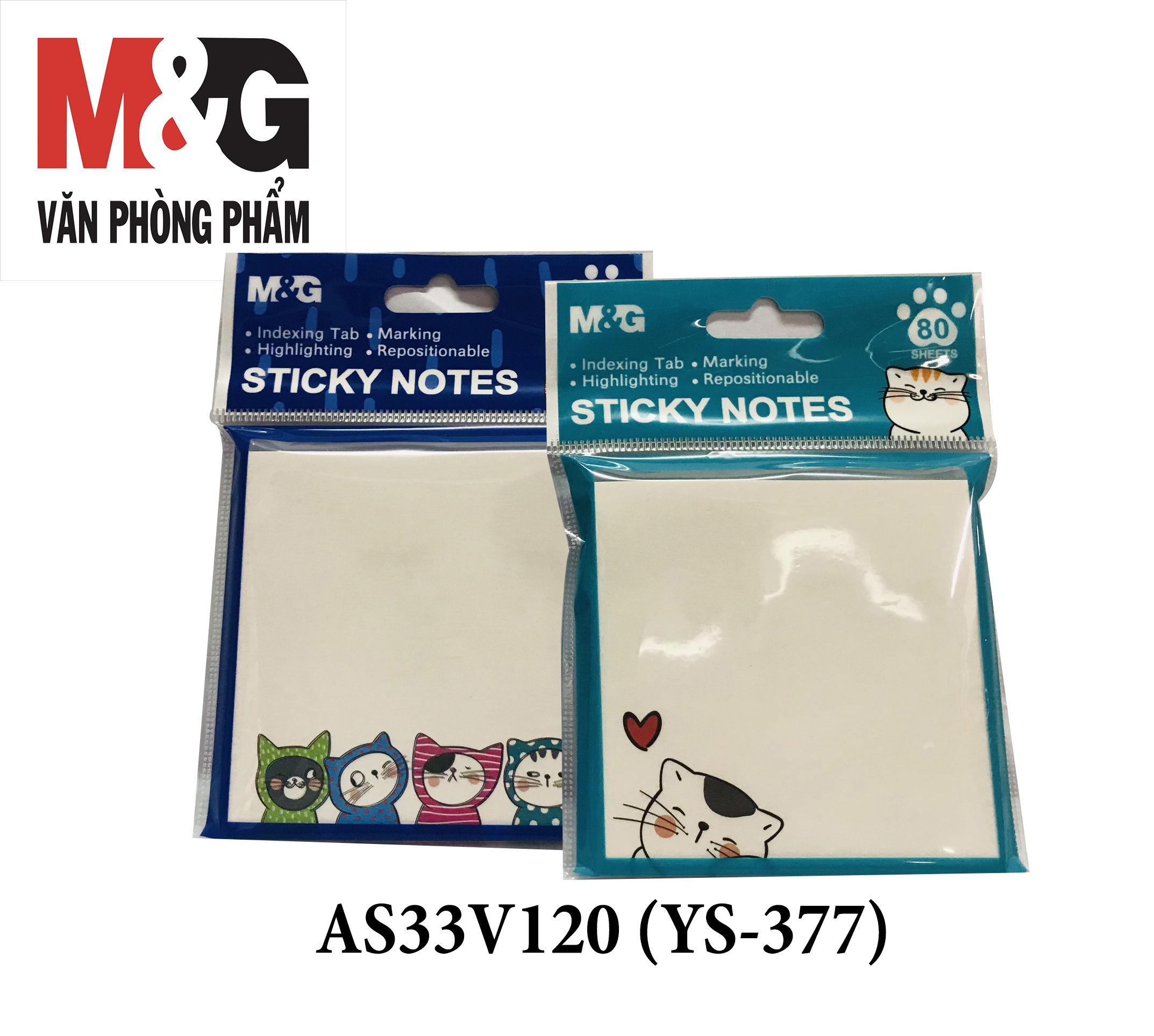 Combo 2 Giấy Ghi Chú AS33V120 - (YS-377) Dạng 3 x 3cm Giấy Màu Trắng Phía Dưới Góc In Hình Mèo Con