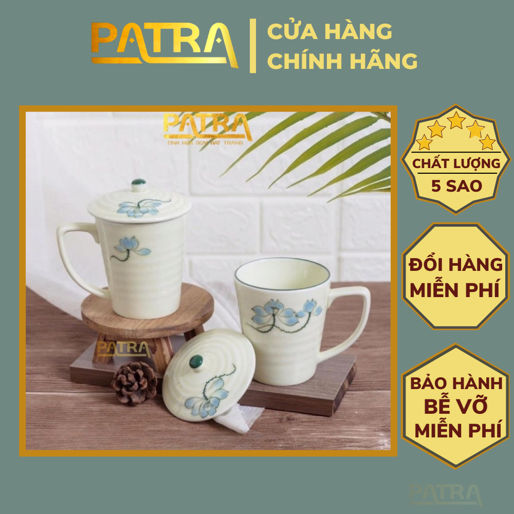 Cốc sứ có nắp, ly sứ men kem Bát Tràng cao cấp, cốc uống nước có quai 350ml nhiều mẫu lựa chọn