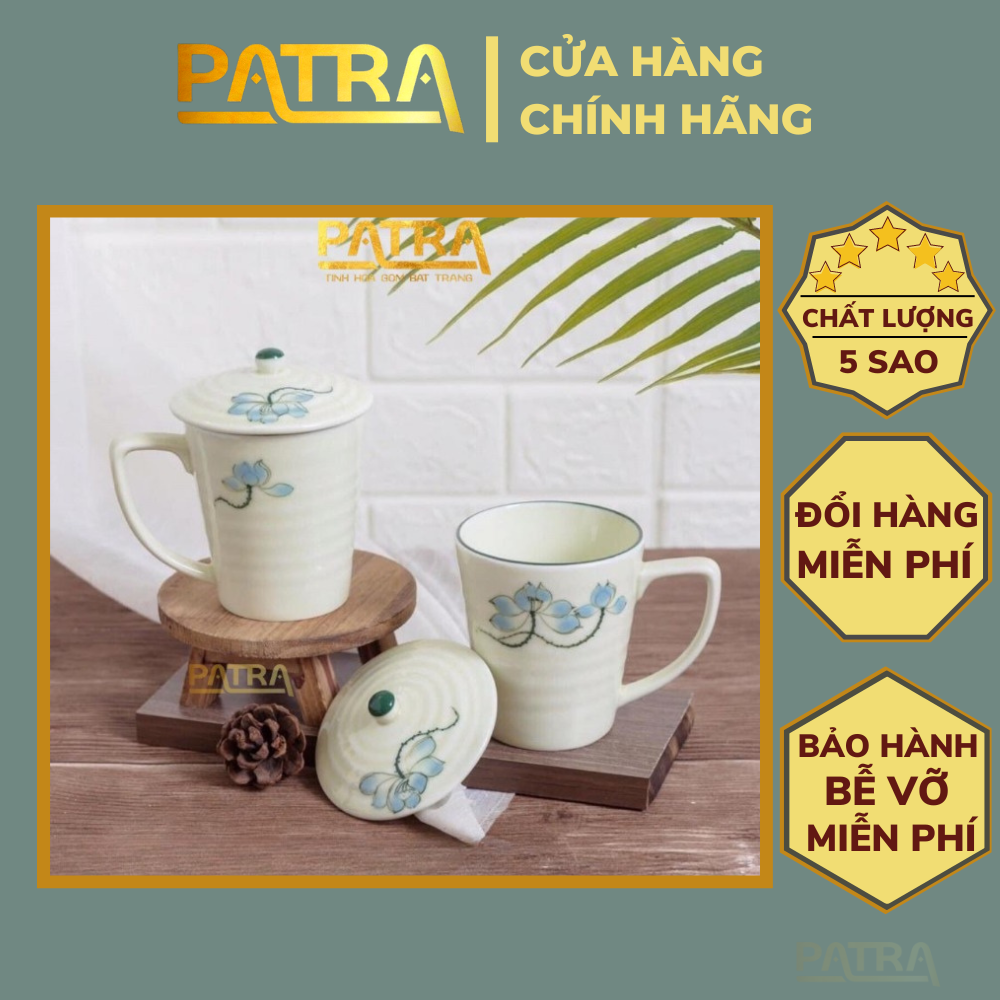 Cốc sứ có nắp, ly sứ men kem Bát Tràng cao cấp, cốc uống nước có quai 350ml nhiều mẫu lựa chọn