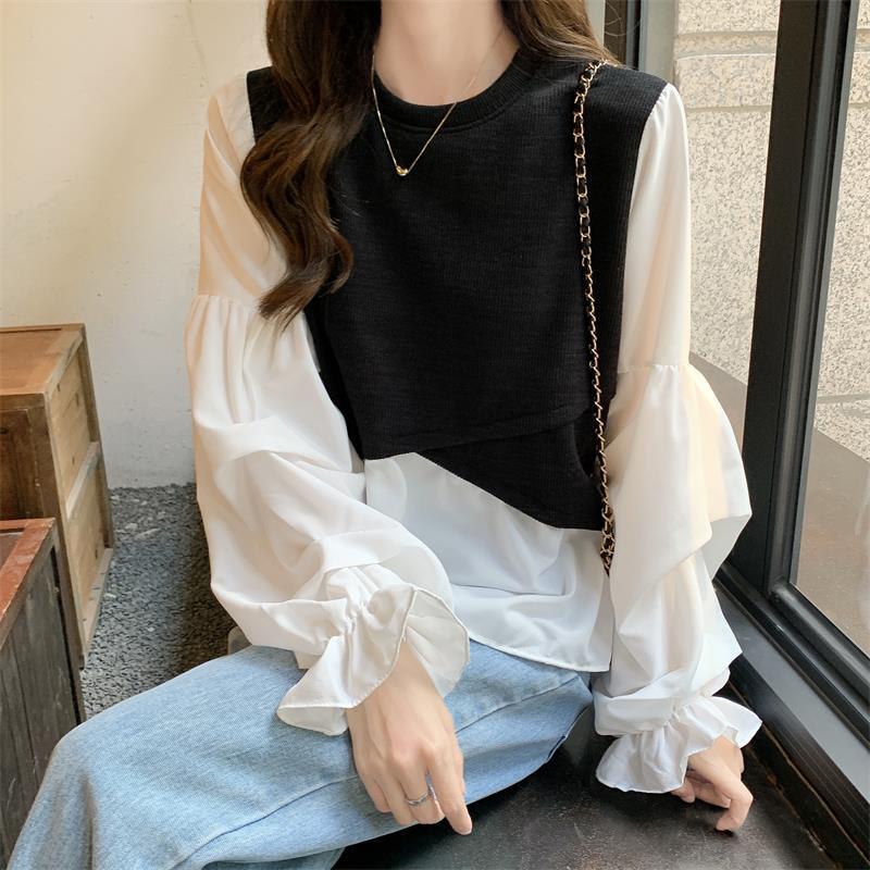 Áo dệt kim sơ mi nữ phong cách Hàn Quốc trẻ trung, nữ tính cổ tròn, tay bồng bèo nhún hoa