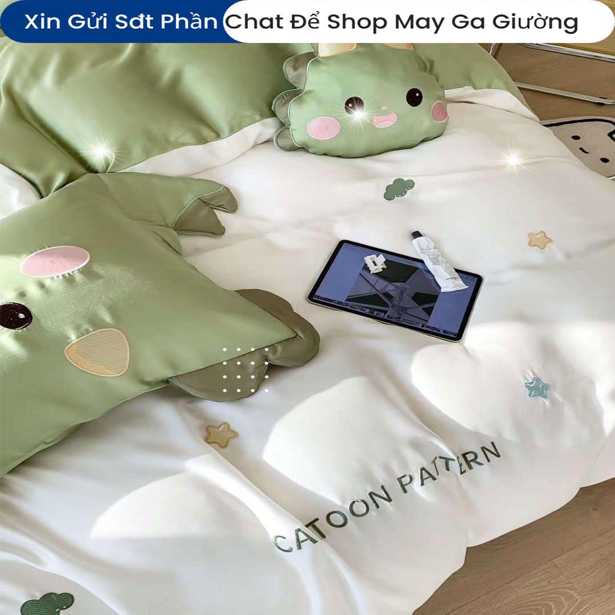 Bộ Chăn Ga Gối Đệm Linen 5 Món Cartoon Partten Cấp Chăn Chần Bông Lụa Mềm