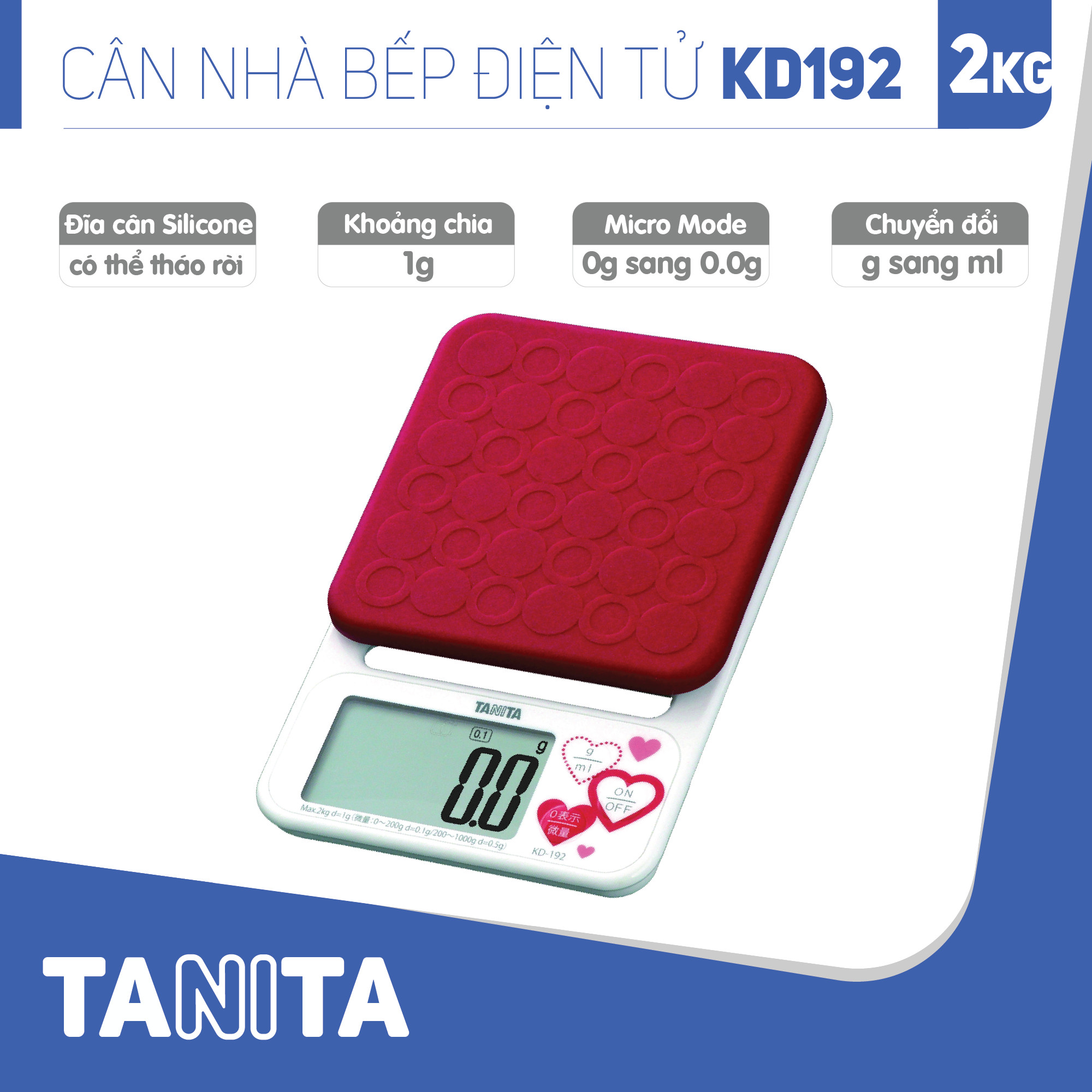 Cân điện tử nhà bếp TANITA KD192 (Chính hãng Nhật Bản), Cân nhà bếp 2kg, Cân thức ăn 2kg, Cân thực phẩm 2kg, Cân Nhật, Cân trọng lượng, Cân chính hãng, Cân thực phẩm, Cân thức ăn, Cân tiểu ly điện tử, Cân chính xác, Cân làm bánh