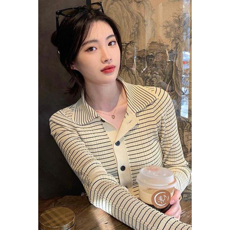 MS417 Áo len cổ bẻ kẻ ngang Hàn Quốc