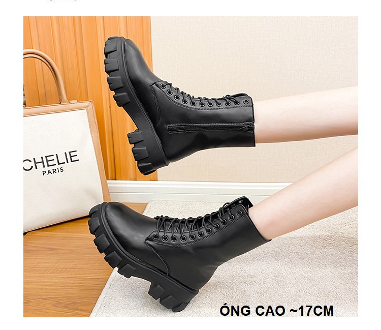 Giày bốt cột dây nữ, chunky boots, boot combat nữ đế thô 5 phân cổ lửng boot ulzzang cao cấp S030