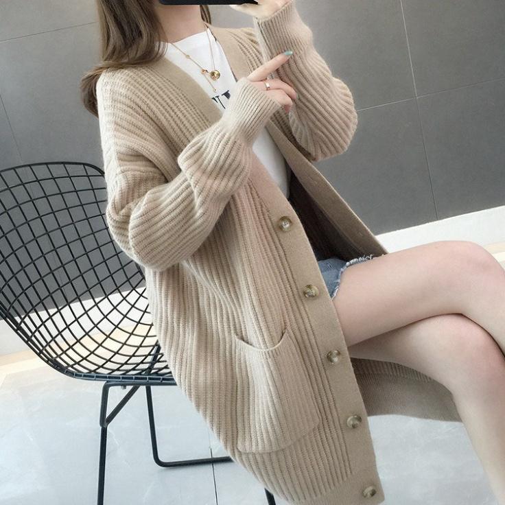 Áo khoác len cardigan dáng dài chất liệu len dệt kim mềm mịn