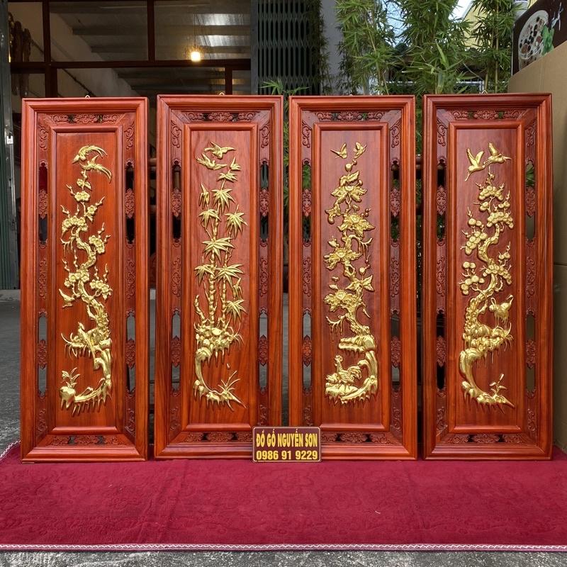 Tranh tứ quý gỗ hương dát vàng ĐÀI LOAN loại 24k Kích thước 37*107cm