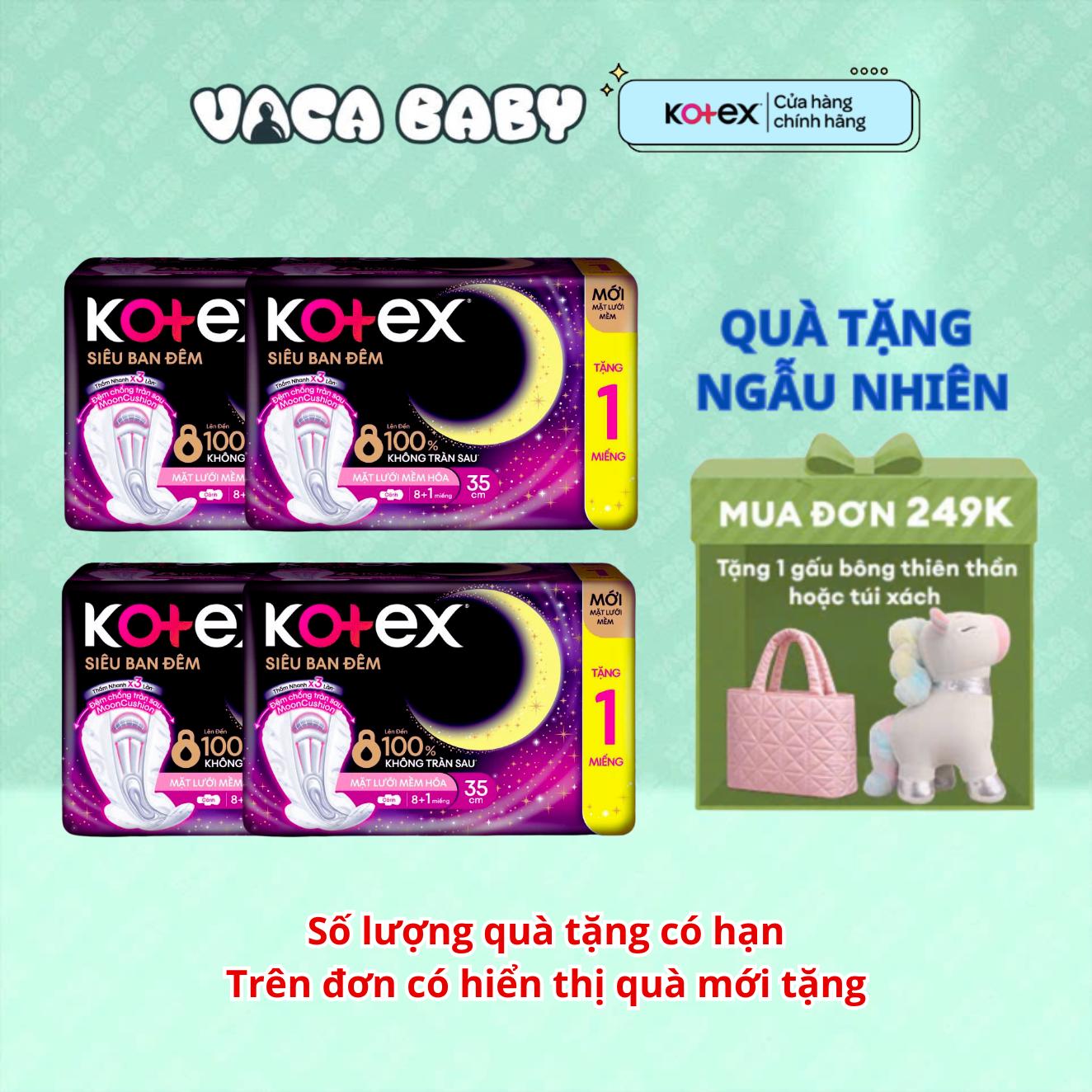 Combo 4 Gói Băng vệ sinh Kotex Siêu Ban Đêm Mới MẶT LƯỚI MỀM HÓA 35cm 8 miếng