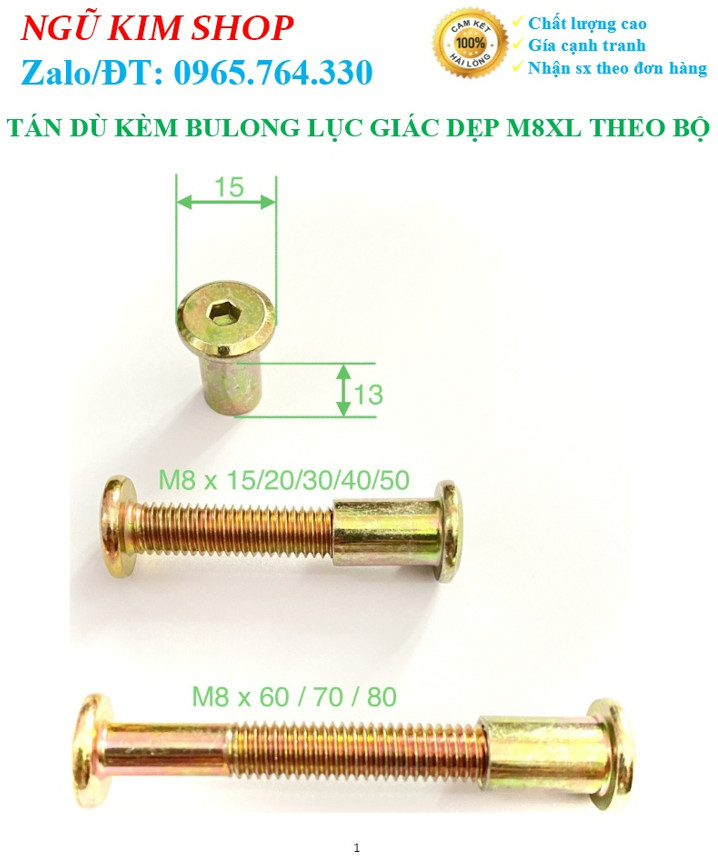 TÁN DÙ KÈM BULONG LỤC GIÁC DẸP M8 x L THEO BỘ