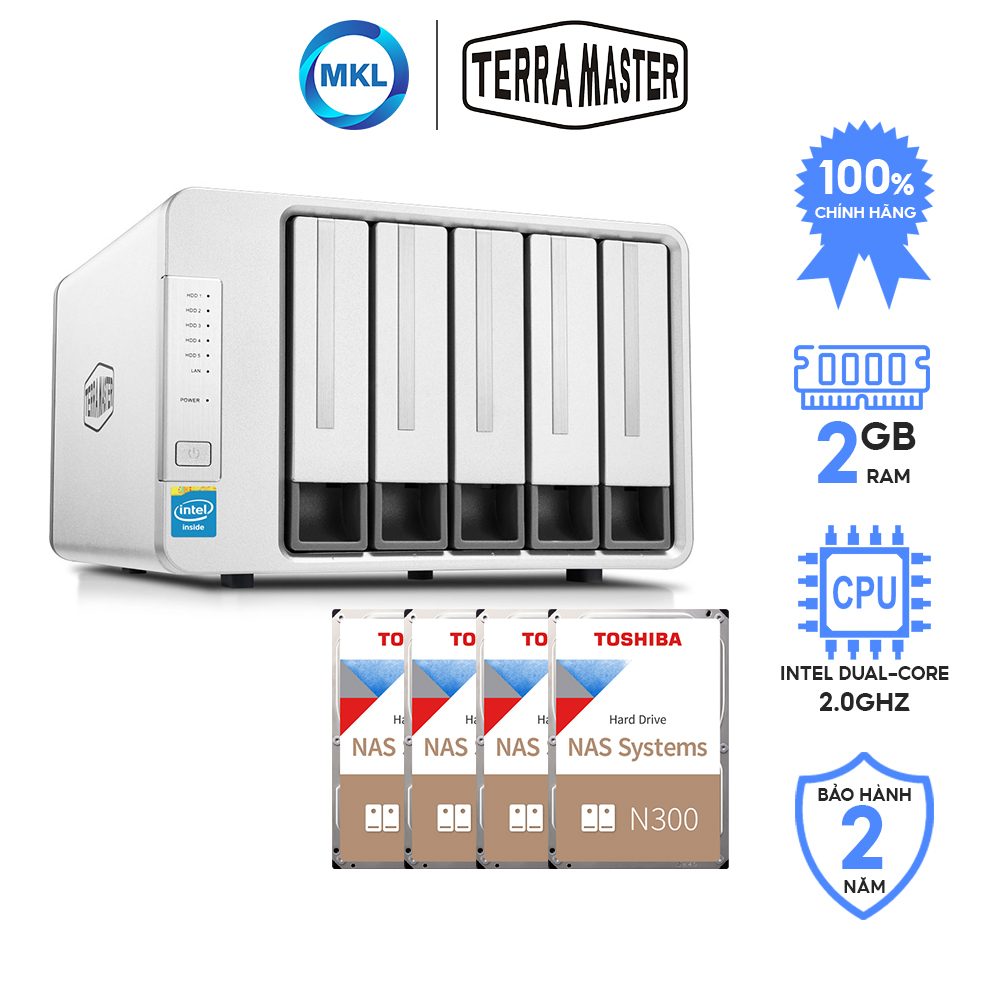 Combo thiết bị lưu trữ mạng NAS TerraMaster F5-221 + 4 ổ cứng iHDD 4TB Toshiba - Hàng chính hãng