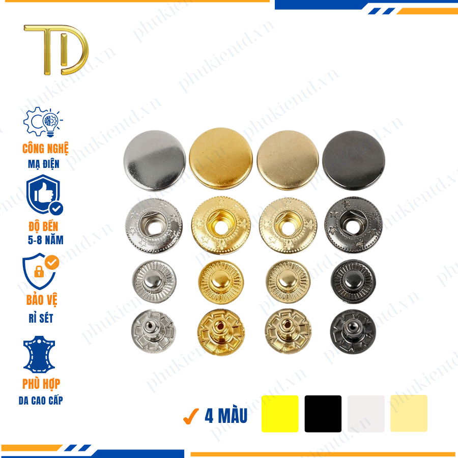 Nút bấm 4 chi tiết, nút bấm túi xách, cúc bấm túi xách 10mm, Mạ điện độ bền 5-8 năm