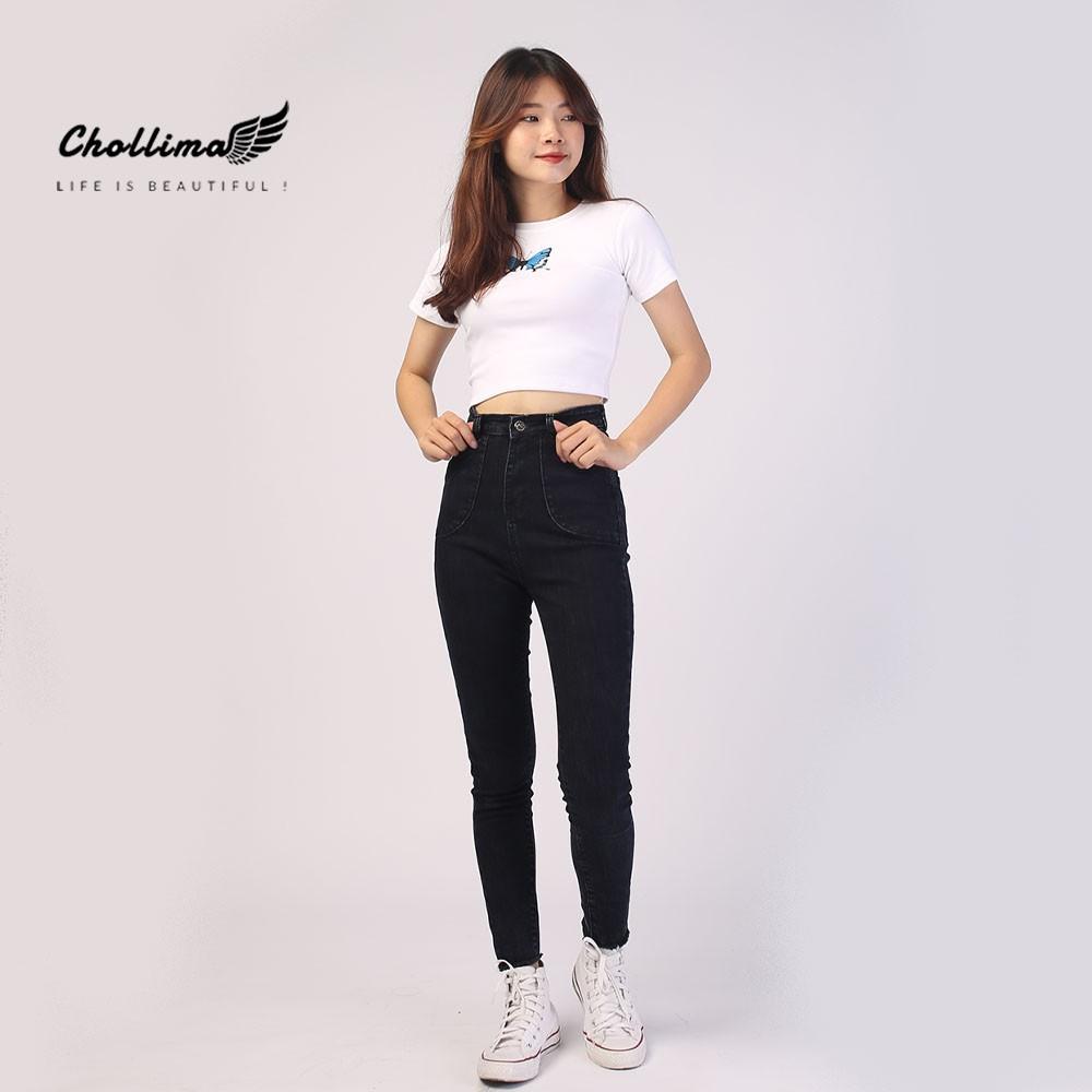 Quần jeans nữ co giãn Chollima cạp siêu cao đắp 2 túi tròn – quần bò nữ cạp siêu cao