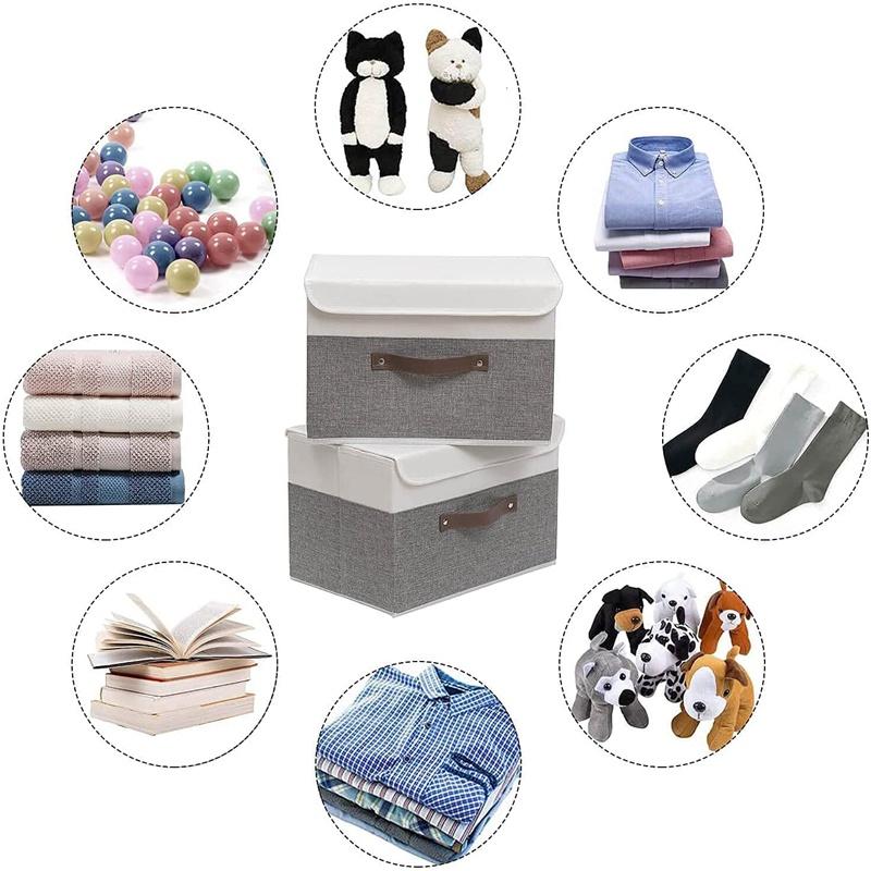 Large Collapsible Storage Box with Lid Clothing Shelf Basket Bins Toy Box for Towels Books Clothes(White/Gray,2-Pack)