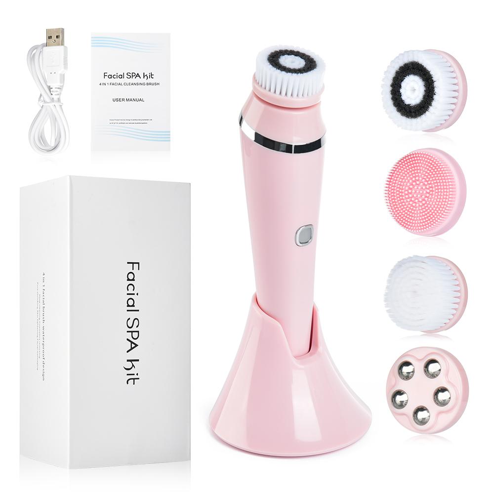 4 Trong 1 Điện Làm Sạch Da Mặt Bàn Chải Máy Mát Xa Mặt Ốp Sạc Sonic Lăn Mụn Đầu Đen Tẩy Lỗ Chân Lông Bụi