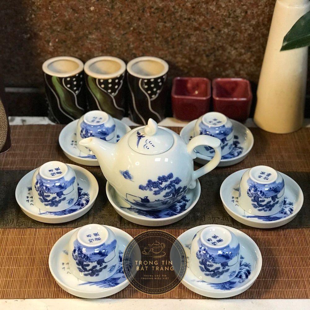 Bộ Ấm Chén Trà Đạo Gốm Trắng Men Lam Bát Tràng Lã Vọng Câu Cá Dáng Thủy Bình Dung Tích 400ml ATA 15
