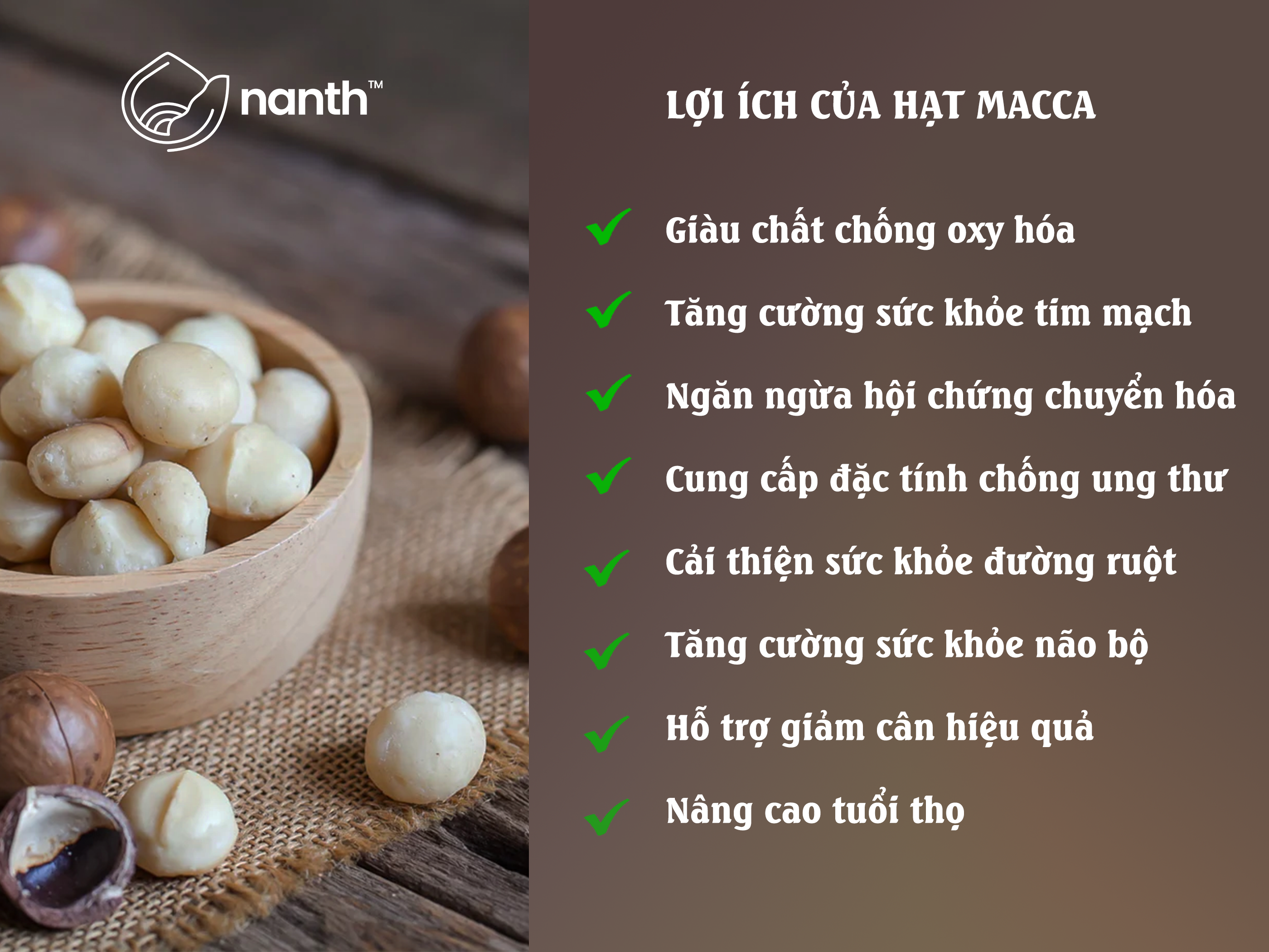 Nhân macca trứng muối .Thương hiệu : NANTH. Không chất bảo quản. Hạt Macca Đắk Lắk ngọt béo kết hợp với trứng muối. Macadamia. Thích hợp làm quà tặng, biếu, chăm sóc sức khỏe