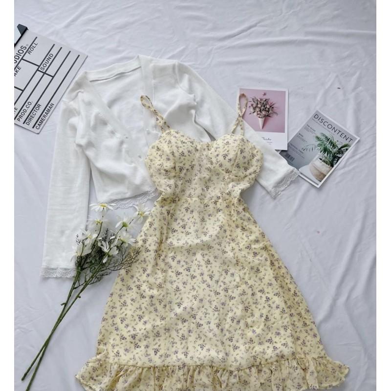 Lovely set-Đầm hai dây nhún bèo + áo cardigan trắng phối ren