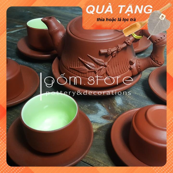 Ấm trà tử sa Bát Tràng đắp nổi dáng trúc đỏ