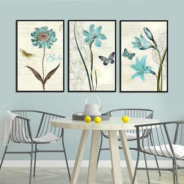 Bộ 3 Tranh Canvas Viền Composite Trang Trí Hồ Điệp Và Hoa W292