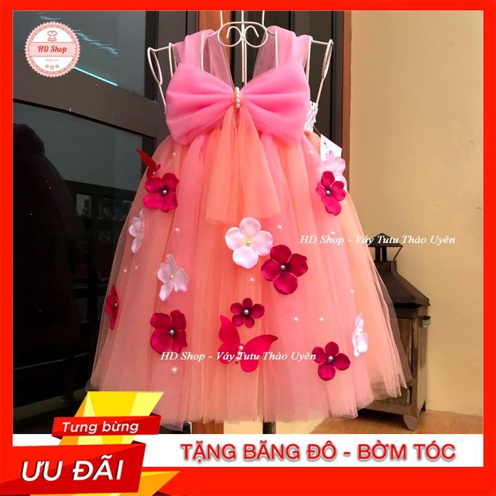 Đầm công chúa cho bé ️️ Đầm công chúa hồng cam nơ đính hoa tú cầu và bướm cho bé gái