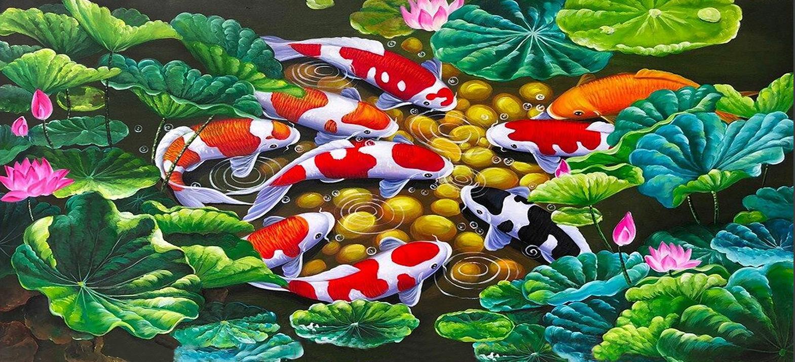 Tranh đính đá cửu ngư quần hội LV467 120 x 60 cm chưa đính