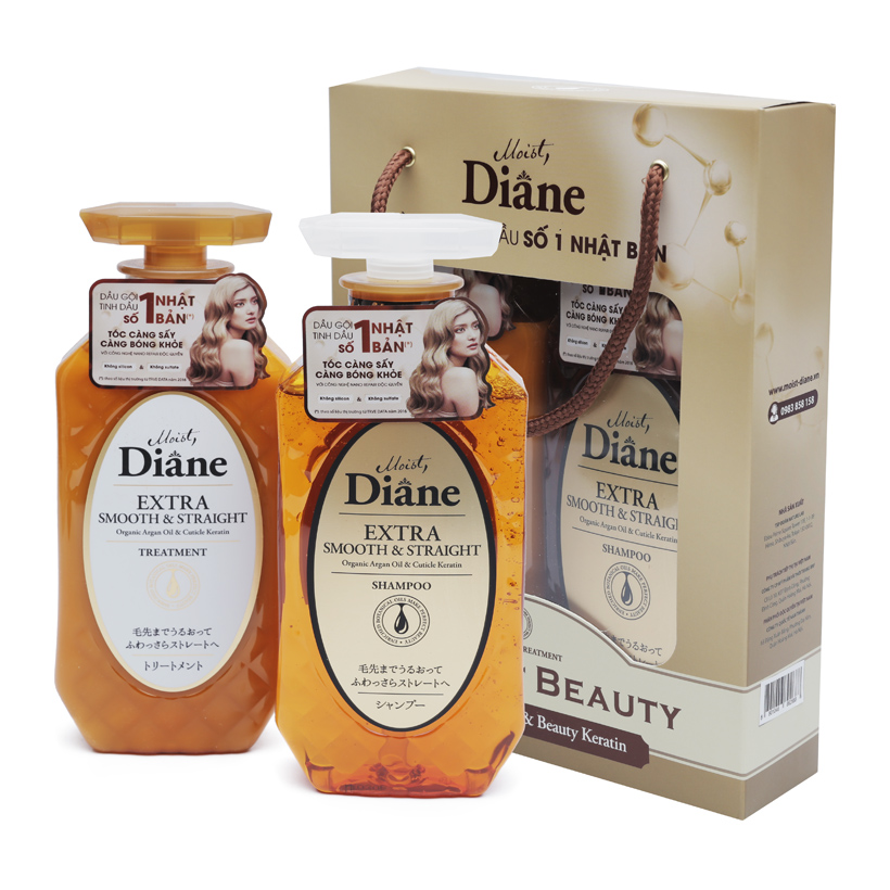 Cặp gội/xả Moist Diane Extra Straight giúp vào nếp, suôn mượt Hàn Quốc (2x450ml) - Dành cho tóc khô,quăn tặng kèm móc khoá