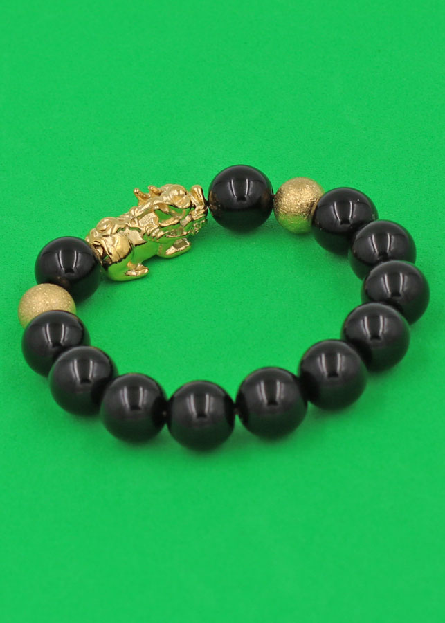 Vòng tay đá Thạch Anh Đen 12 ly - charm Bi vàng - cẩn Tỳ Hưu Phong Thủy inox vàng VTAETHHBV12 - hợp mệnh Thủy, mệnh Mộc