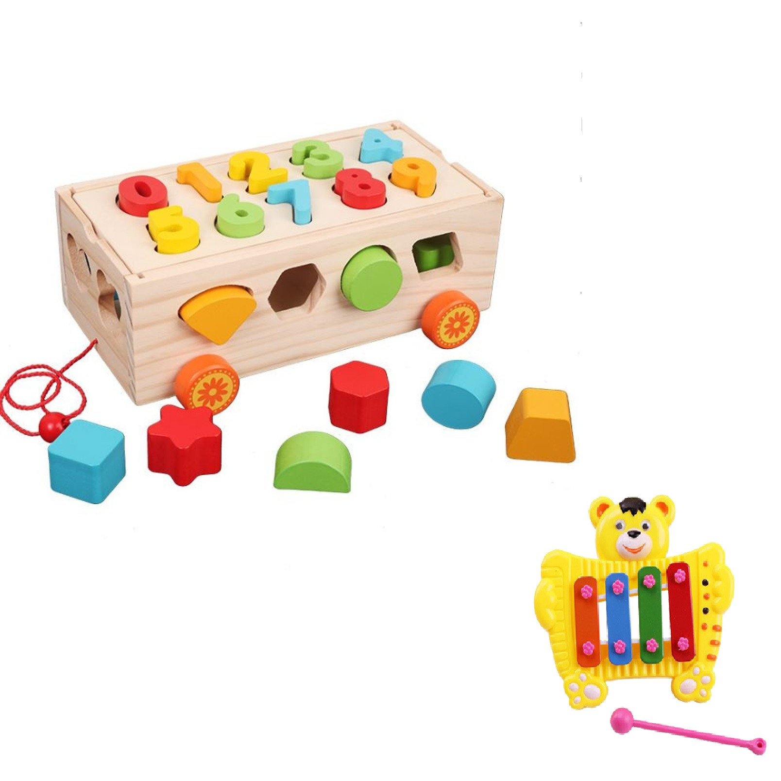 Đồ Chơi Xe Kéo Thả Hình Ghép Số 2 Trong 1 Bằng Gỗ Tự Nhiên Tặng Kèm Đàn Xylophone 4 Thanh Họa Tiết Ngẫu Nhiên Cho Bé