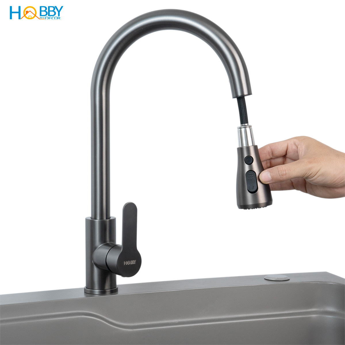 Vòi rửa chén nóng lạnh dây rút inox 304 sơn xám Hobby home decor VDR15